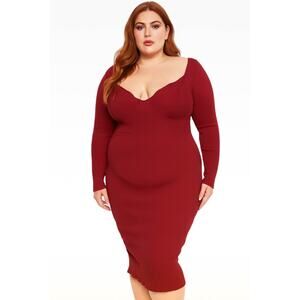 ASOS Dress Curvy Bodycon Ribbed Midi Cottage Minimalist Y2K Long Sleeve Red 20